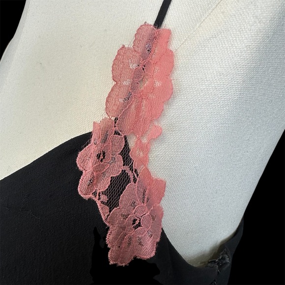 RARE BCBGMAXAZRIA Black Midi Dress Pink Floral Lace Trim Sweetheart Slip Dress 6 - Picture 11 of 13